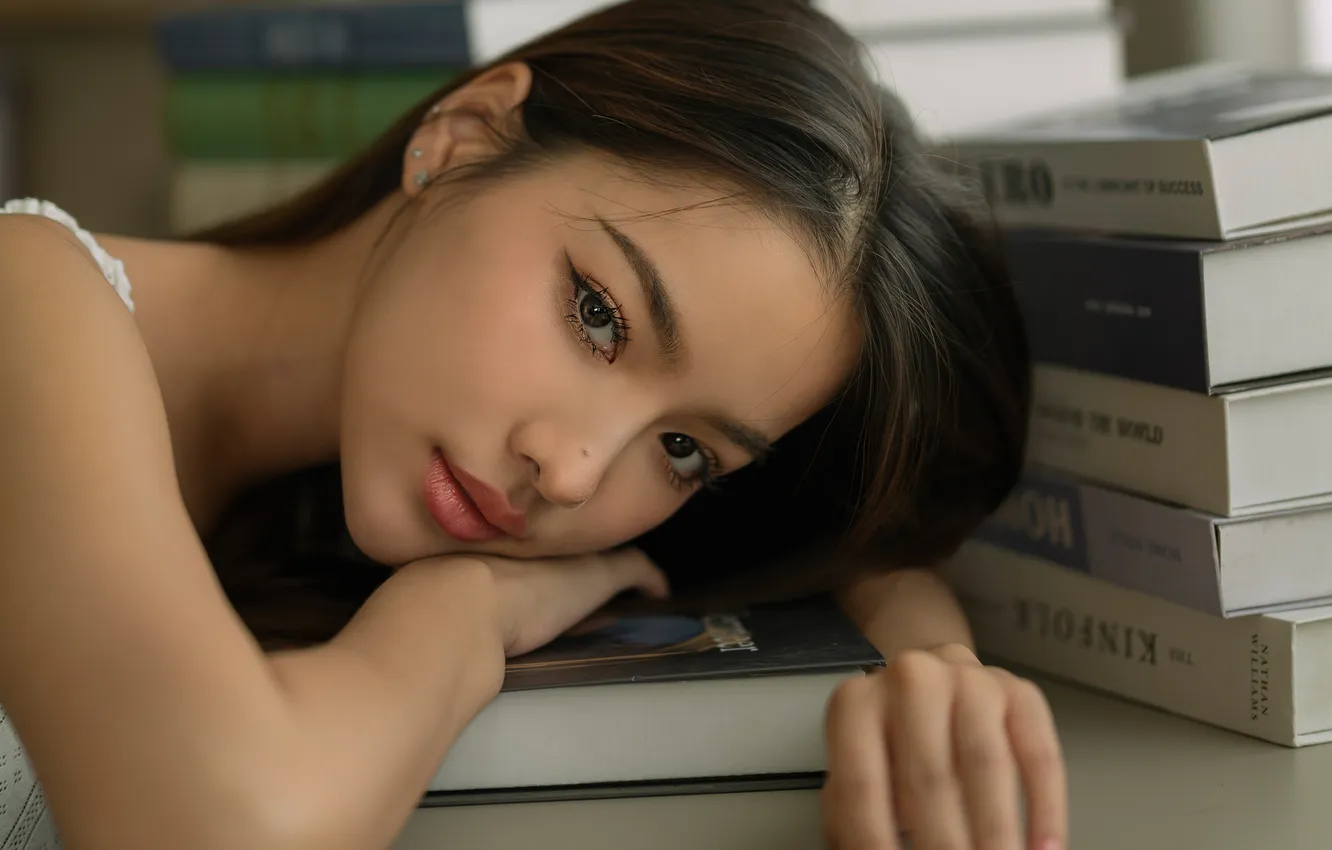 Photo wallpaper look, pose, model, portrait, hands, makeup, brunette, hairstyle