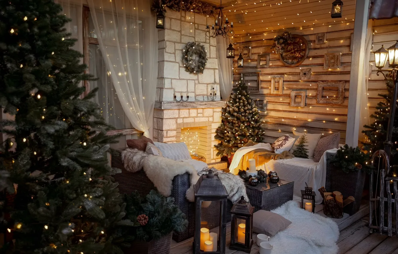 Photo wallpaper decoration, holiday, tree, garland, holiday, Christmas tree, decorations, garlands