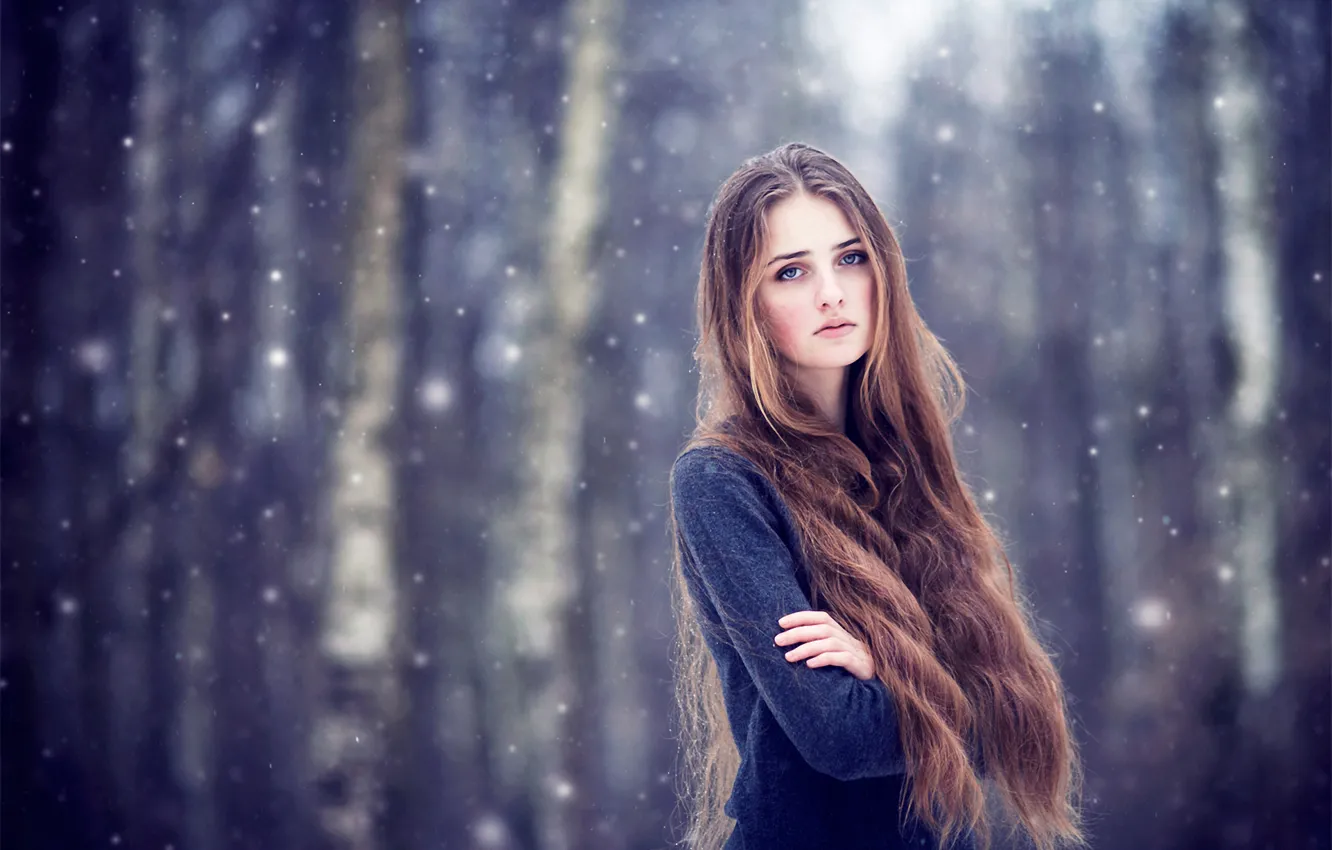 Photo wallpaper girl, snow, brown hair, long-haired
