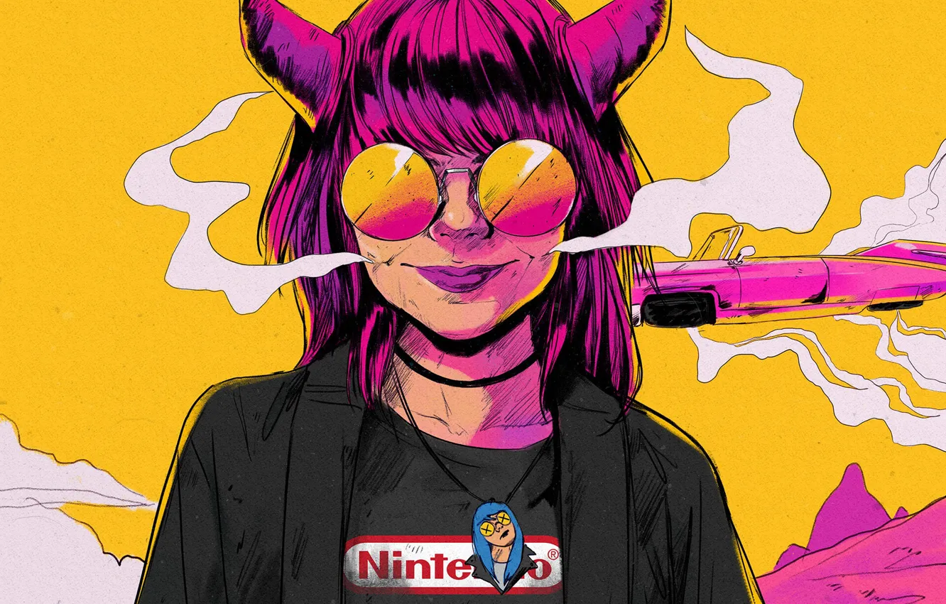 Photo wallpaper girl, face, smile, style, art, glasses, horns, girl