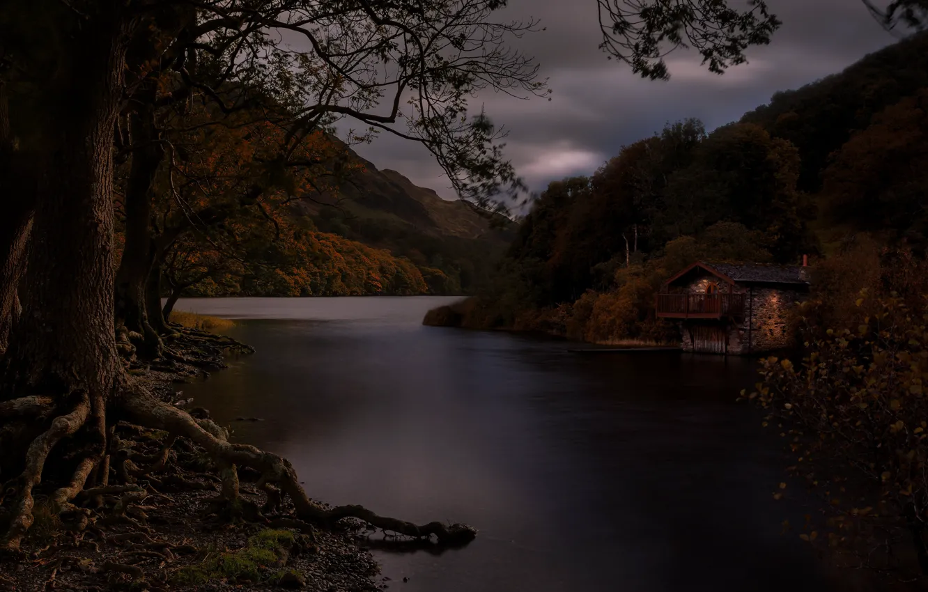Photo wallpaper the dark background, shore, house, pond, photoart