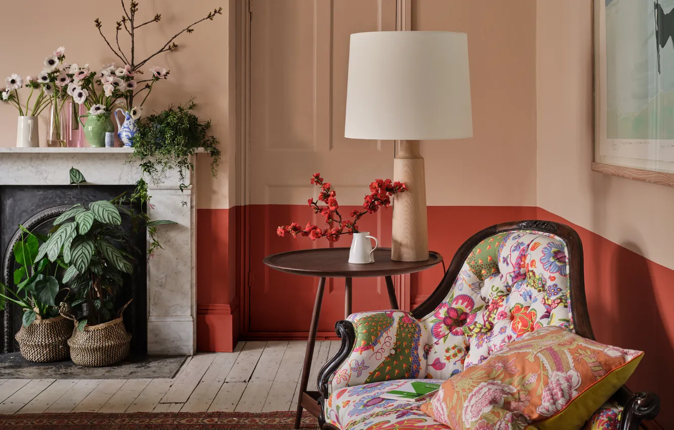 Photo wallpaper design, style, room, plant, lamp, interior, chair, fireplace