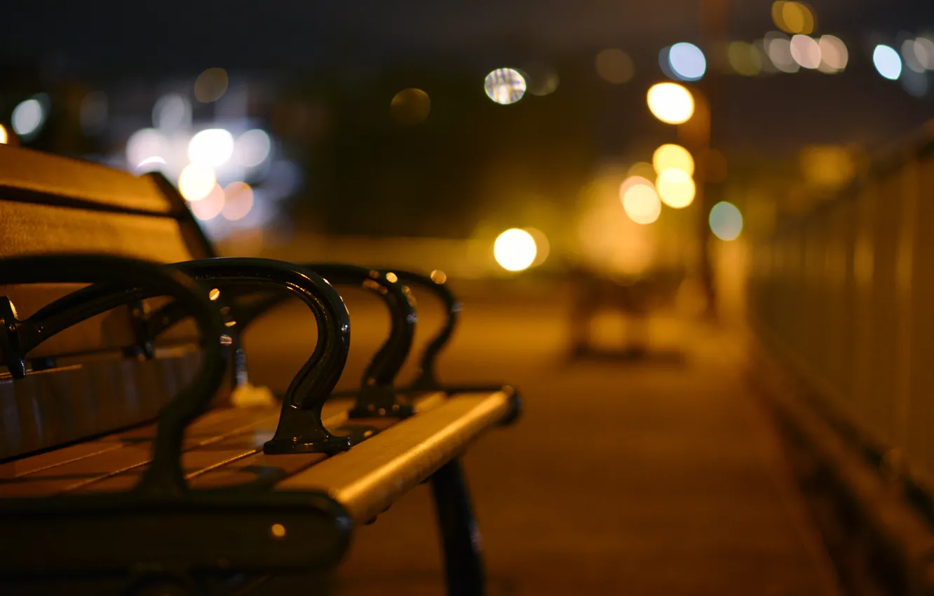 Photo wallpaper night, the city, lights, street, the evening, blur, shop, bench