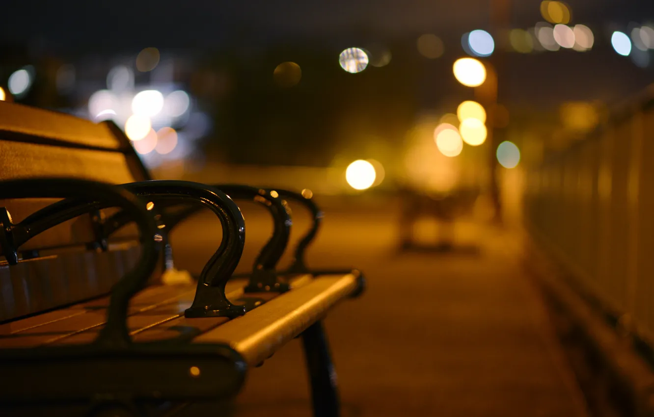 Photo wallpaper night, the city, lights, street, the evening, blur, bench, bokeh