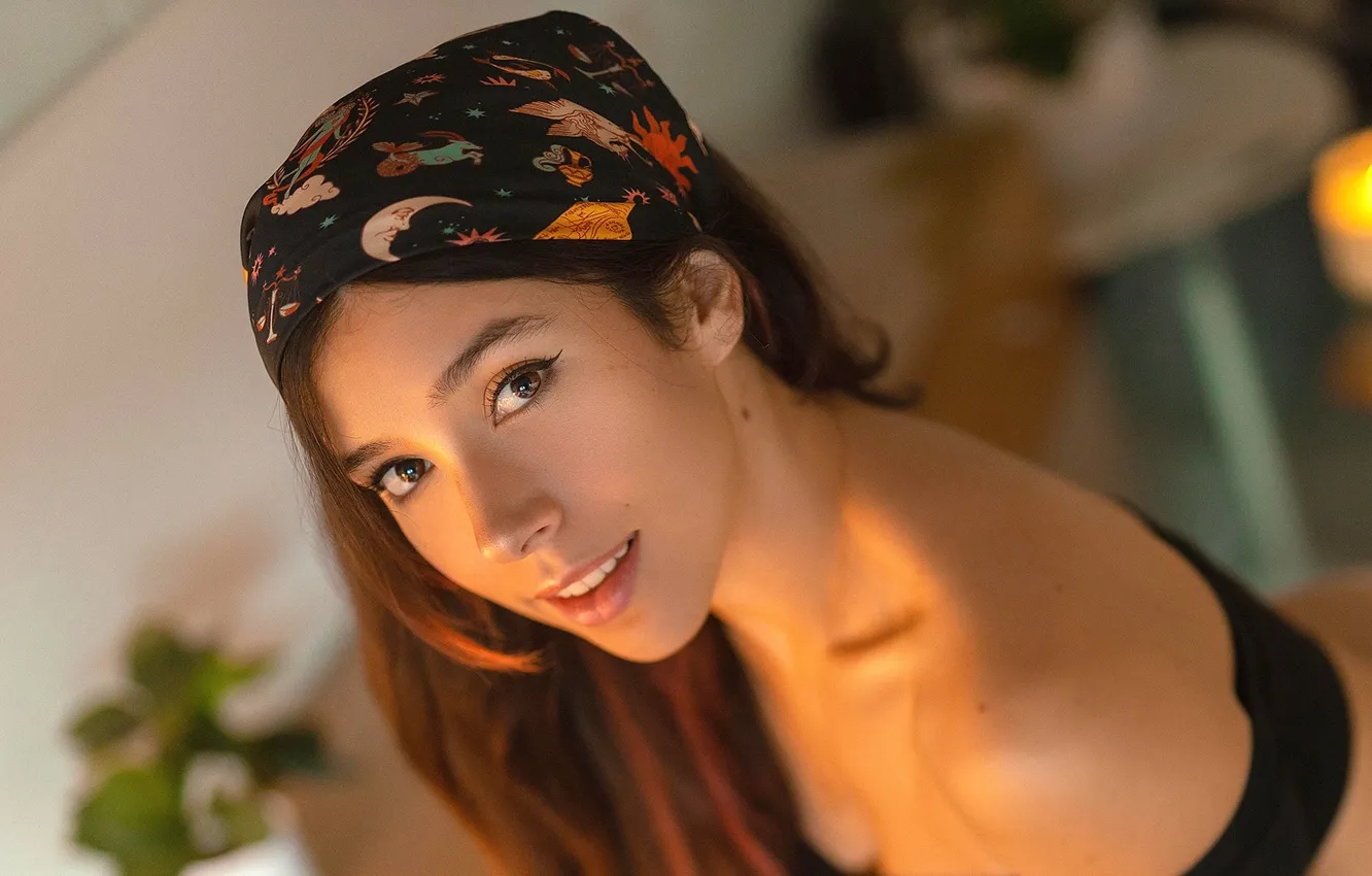 Photo wallpaper girl, brown eyes, photo, model, brunette, portrait, Top, bare shoulders