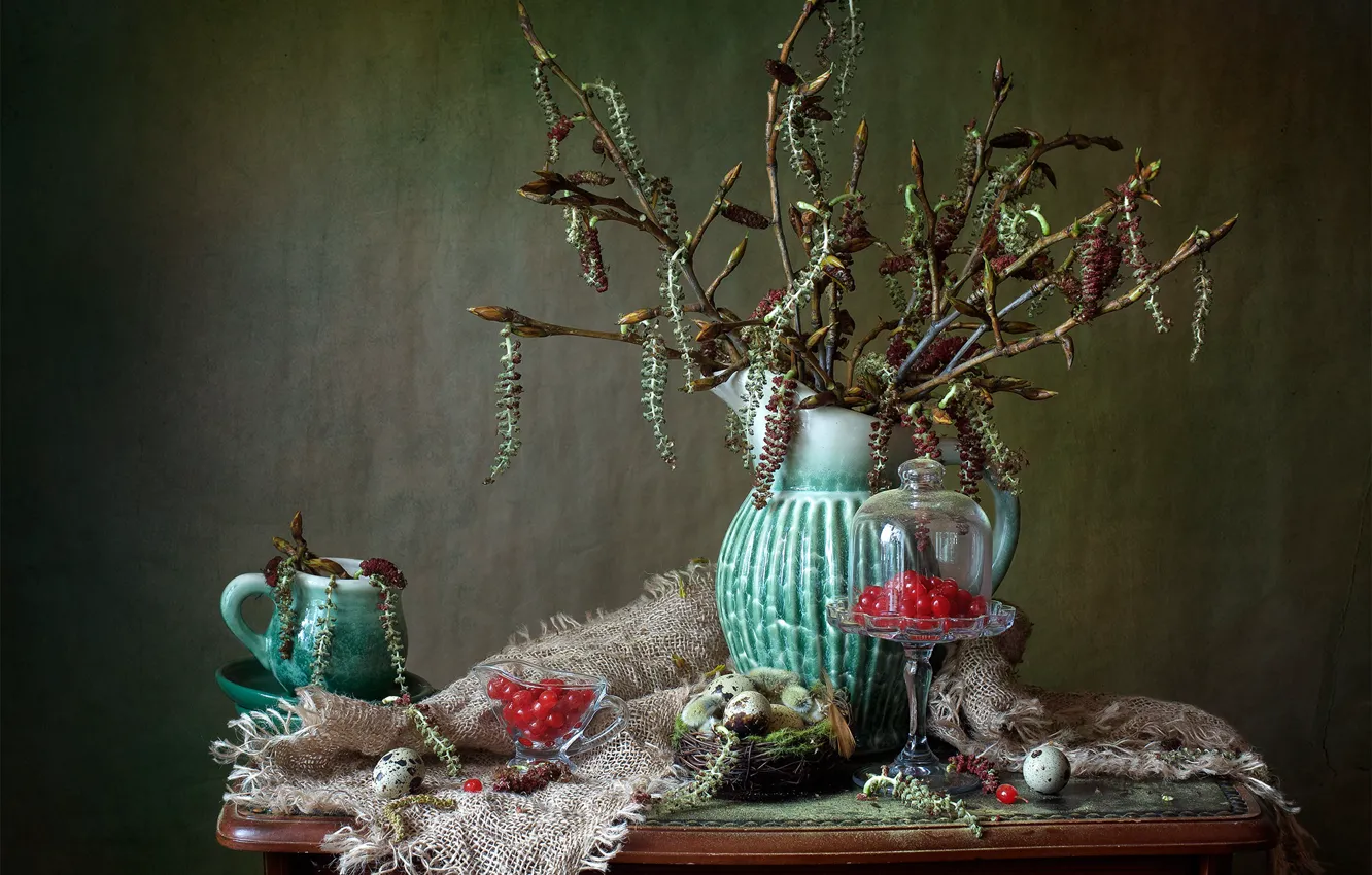 Photo wallpaper branches, berries, eggs, socket, mug, fabric, pitcher, still life