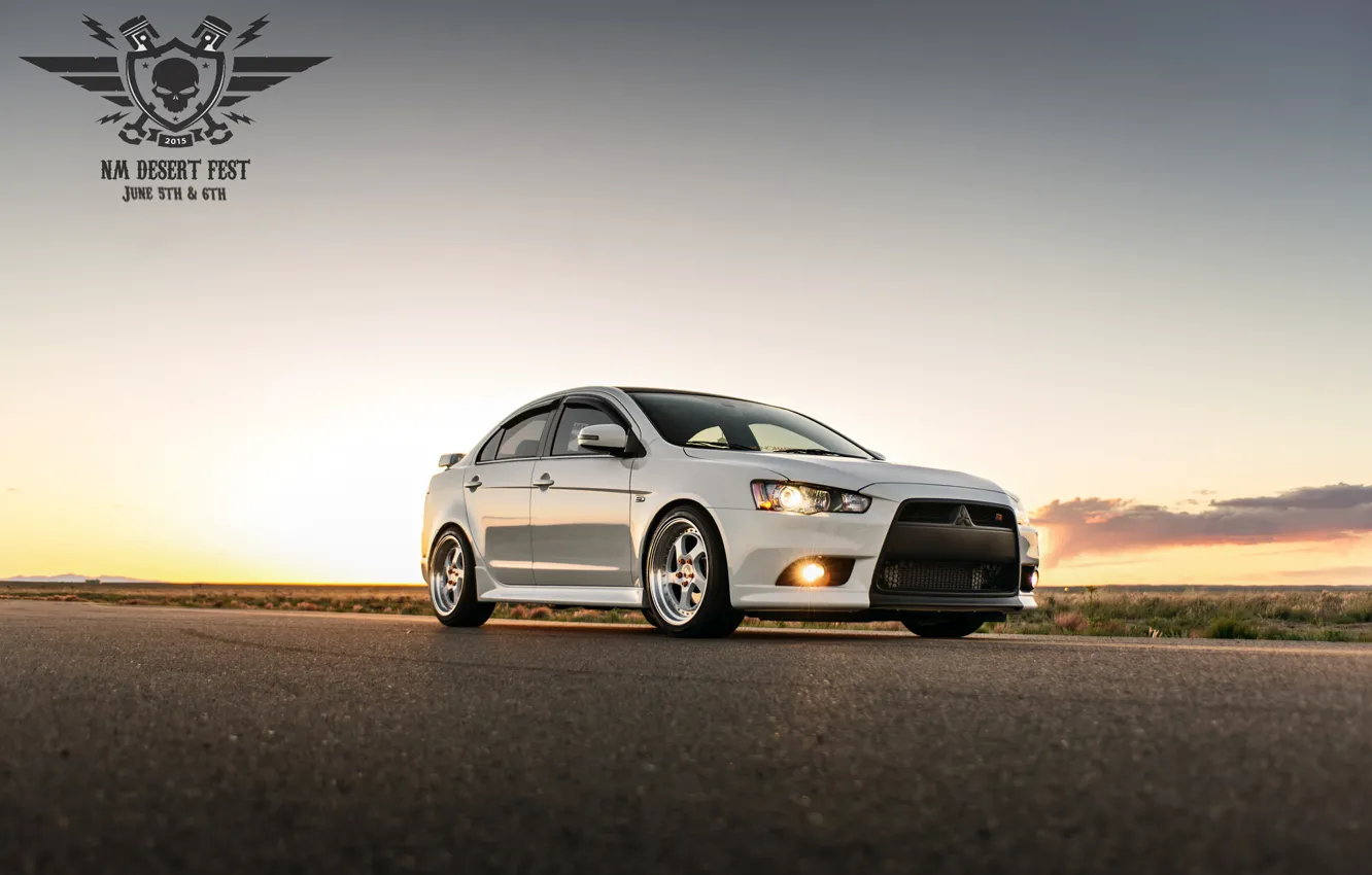 Photo wallpaper Mitsubishi, Lancer, white, desert, fest