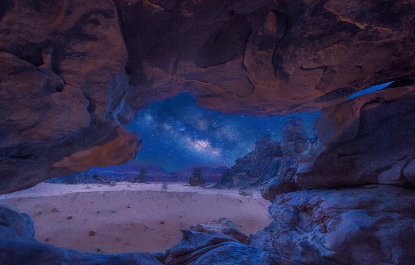 Photo wallpaper stars, mountains, night, rocks, desert, cave, the milky way