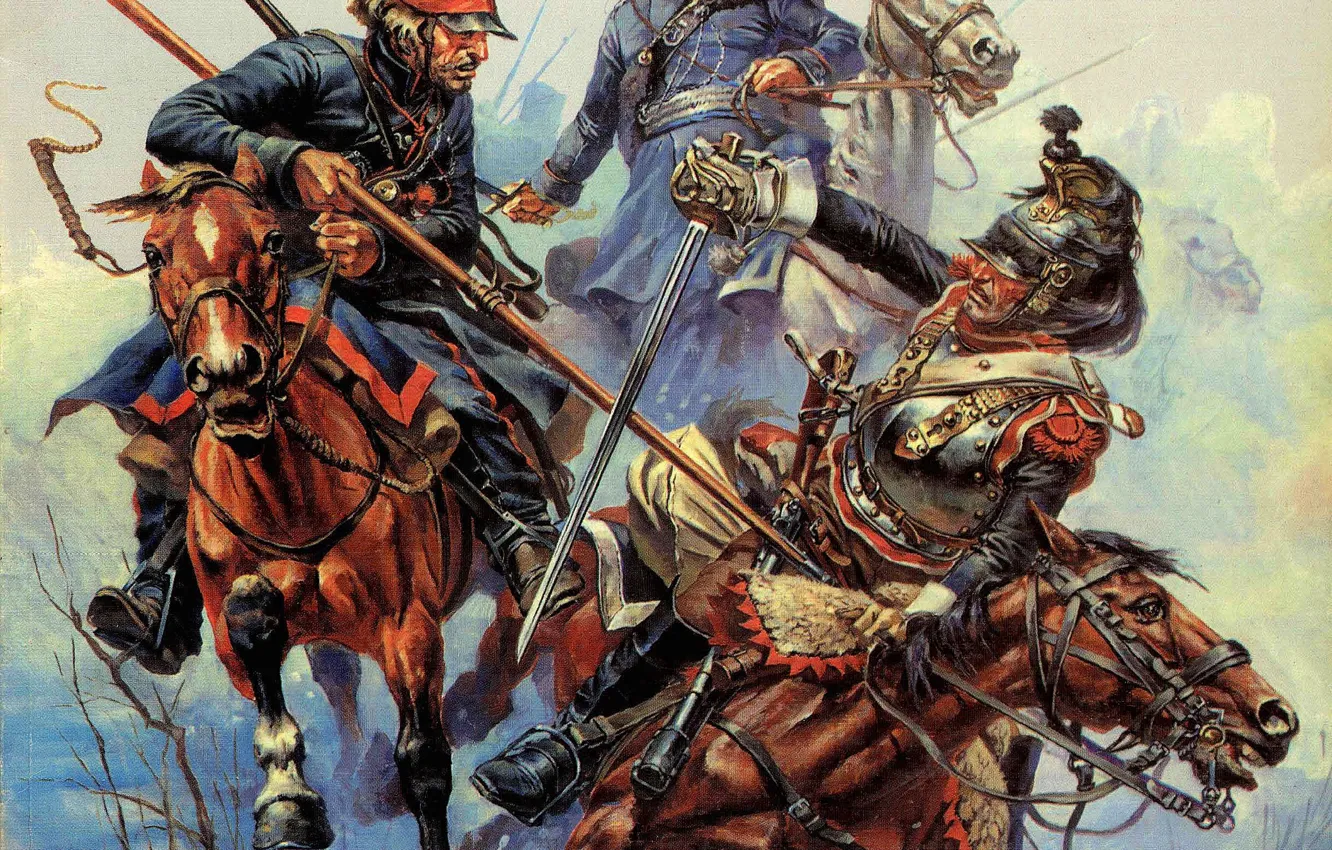 Photo wallpaper Winter, Figure, Battle, Picture, Soldiers, Horse, Art, Cossacks