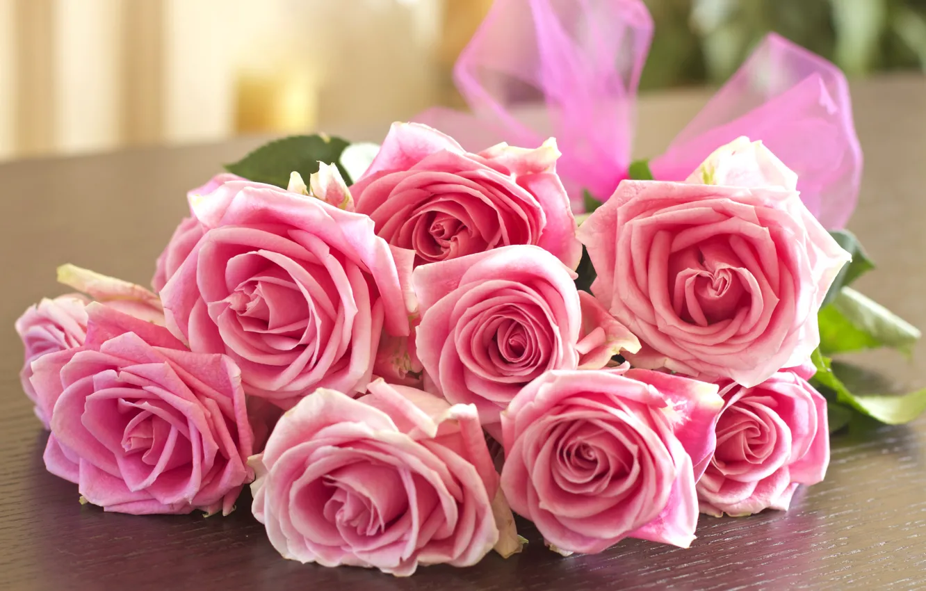 Photo wallpaper roses, bouquet, pink, bow, buds