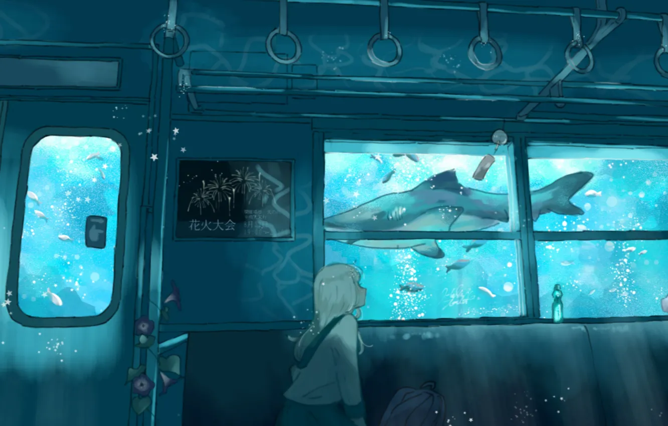 Photo wallpaper train, schoolgirl, under water