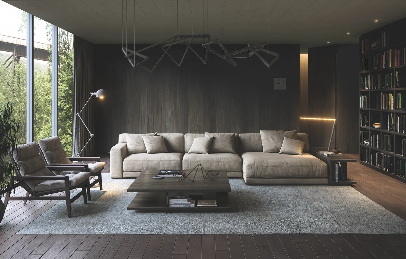 Photo wallpaper design, style, room, library, living room, upholstered furniture, dark color in the interior