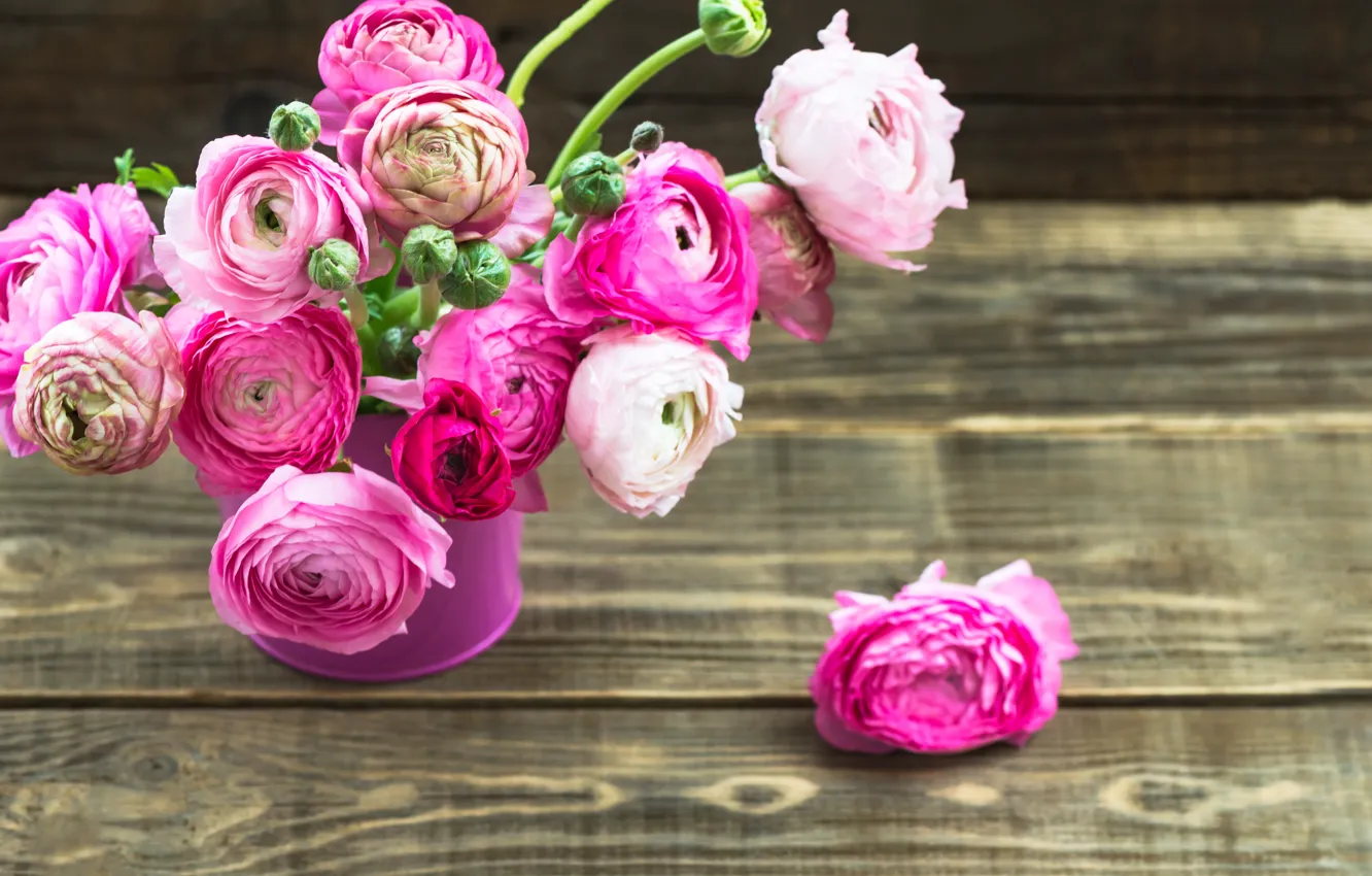 Photo wallpaper flowers, bouquet, vase, pink, Ranunculus asiaticus