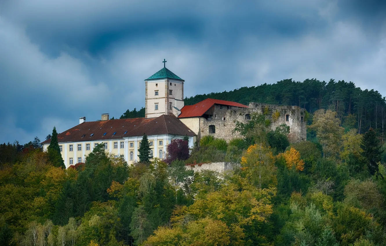 Photo wallpaper autumn, forest, the sky, mountains, blue, castle, Church