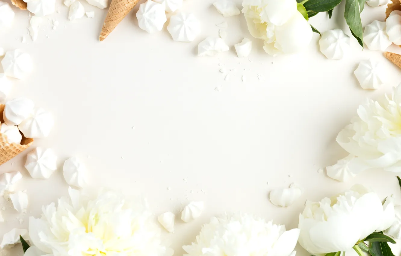 Photo wallpaper flowers, ice cream, white, white, horn, flowers, beautiful, peonies