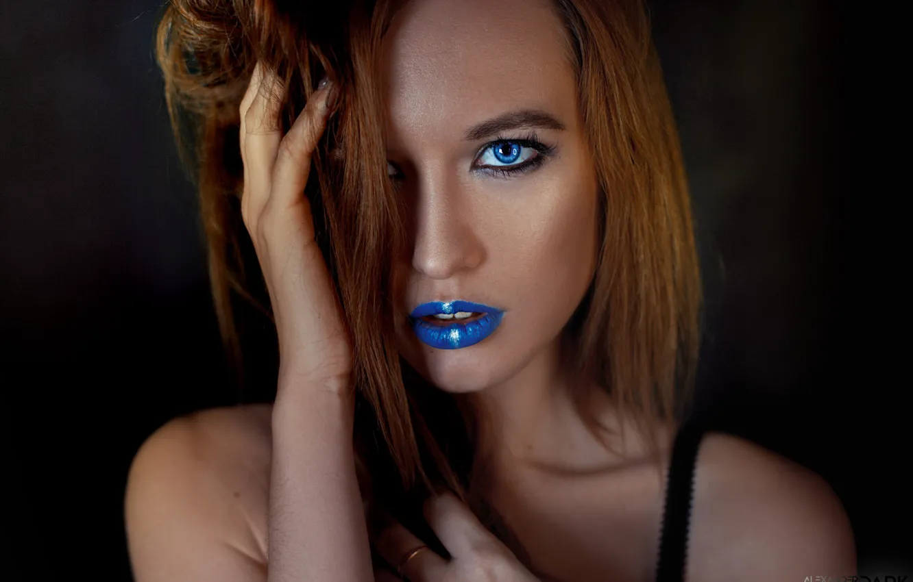 Photo wallpaper look, face, hair, hand, portrait, Daria Bliznakova, Alexander Drobkov-Dark, blue lipstick