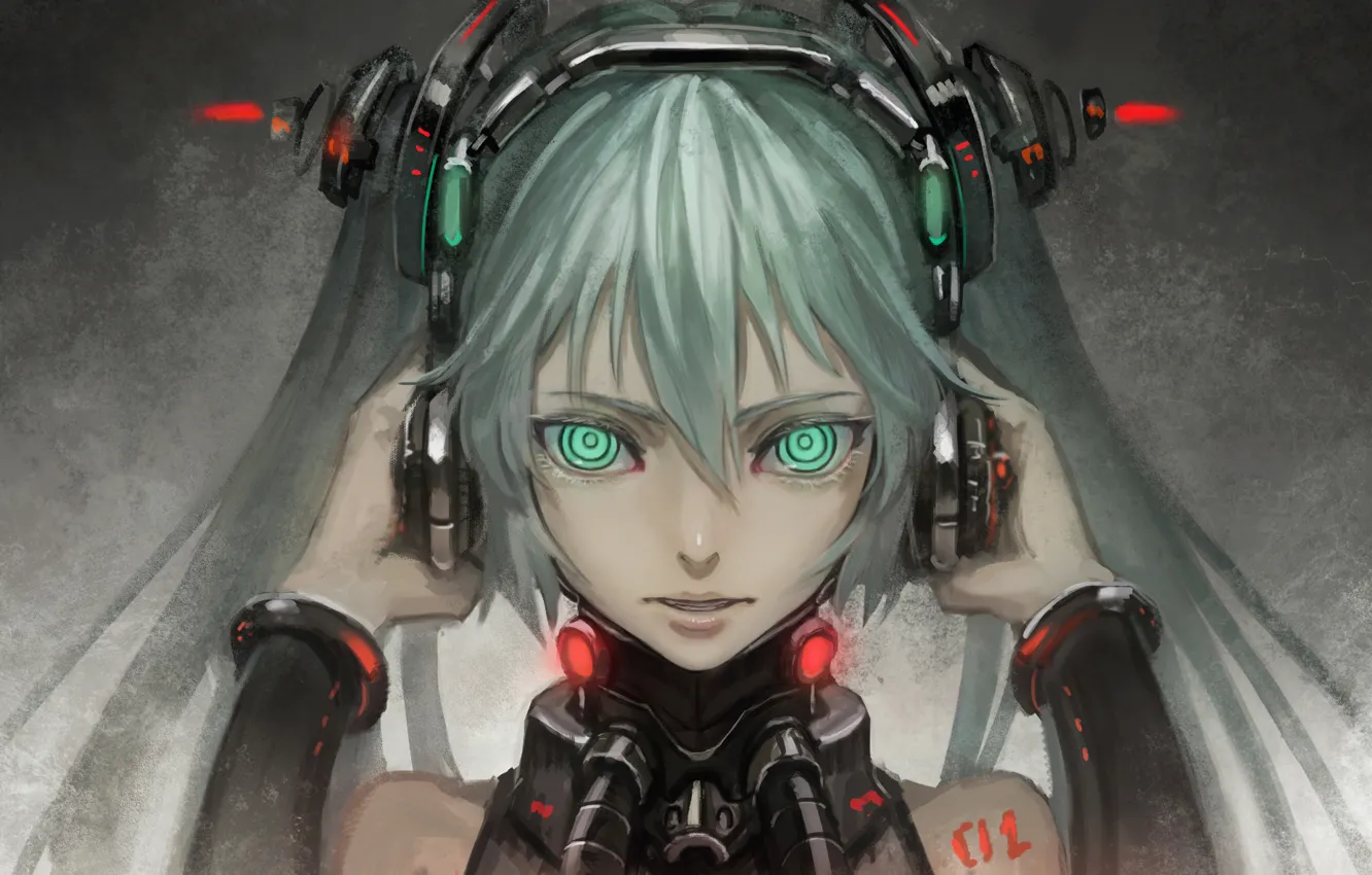 Photo wallpaper girl, anime, headphones, art, tattoo, vocaloid, hatsune miku, bryanth