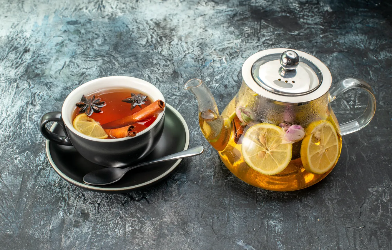 Photo wallpaper glass, table, lemon, tea, kettle, spoon, the tea party, Cup