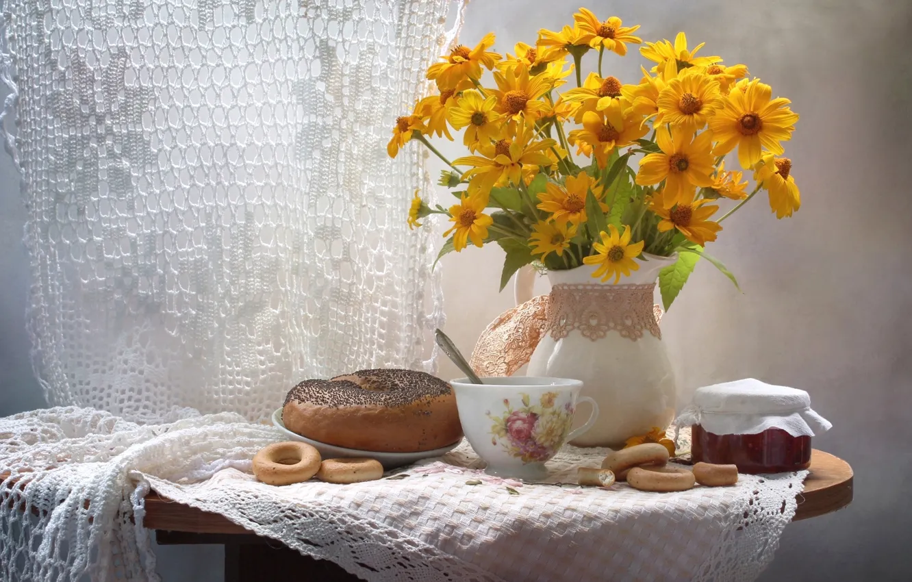 Photo wallpaper flowers, bouquet, cakes, jam, roll, drying