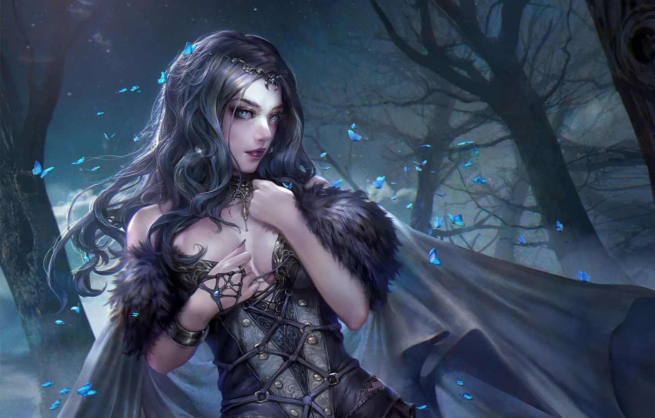 Photo wallpaper forest, girl, trees, butterfly, night, fantasy, art, witch