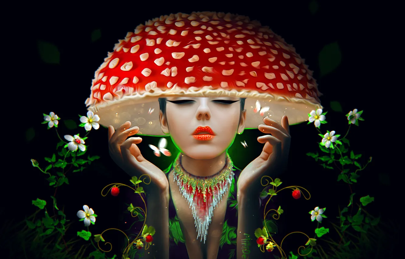Photo wallpaper flowers, mushrooms, devushka