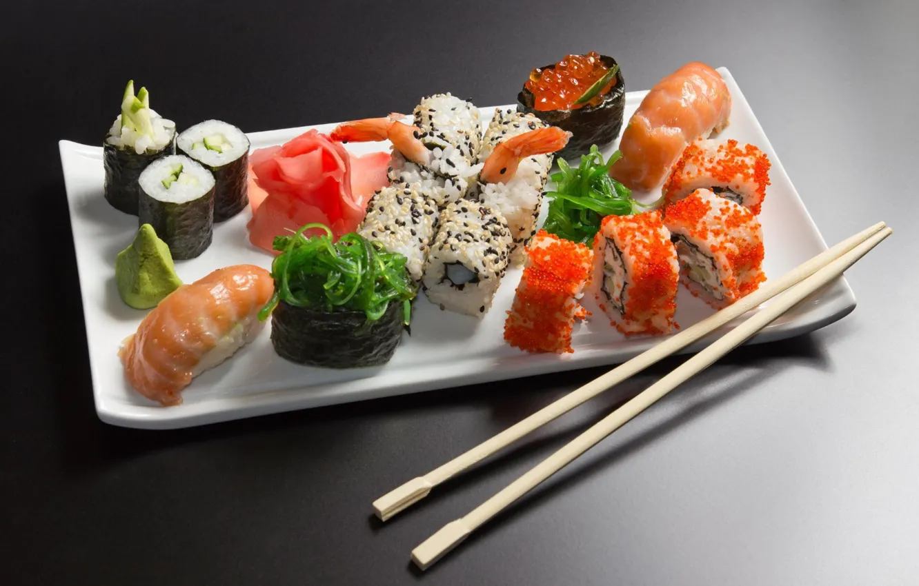 Photo wallpaper food, fish, mix, figure, caviar, sushi, rolls, seafood