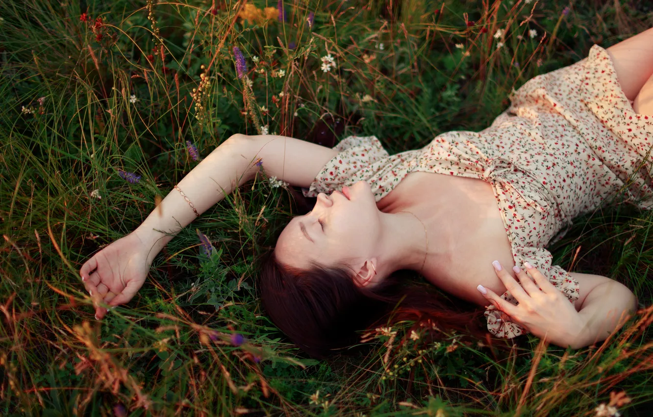 Photo wallpaper grass, girl, pose, stay, hands, dress, nature, closed eyes