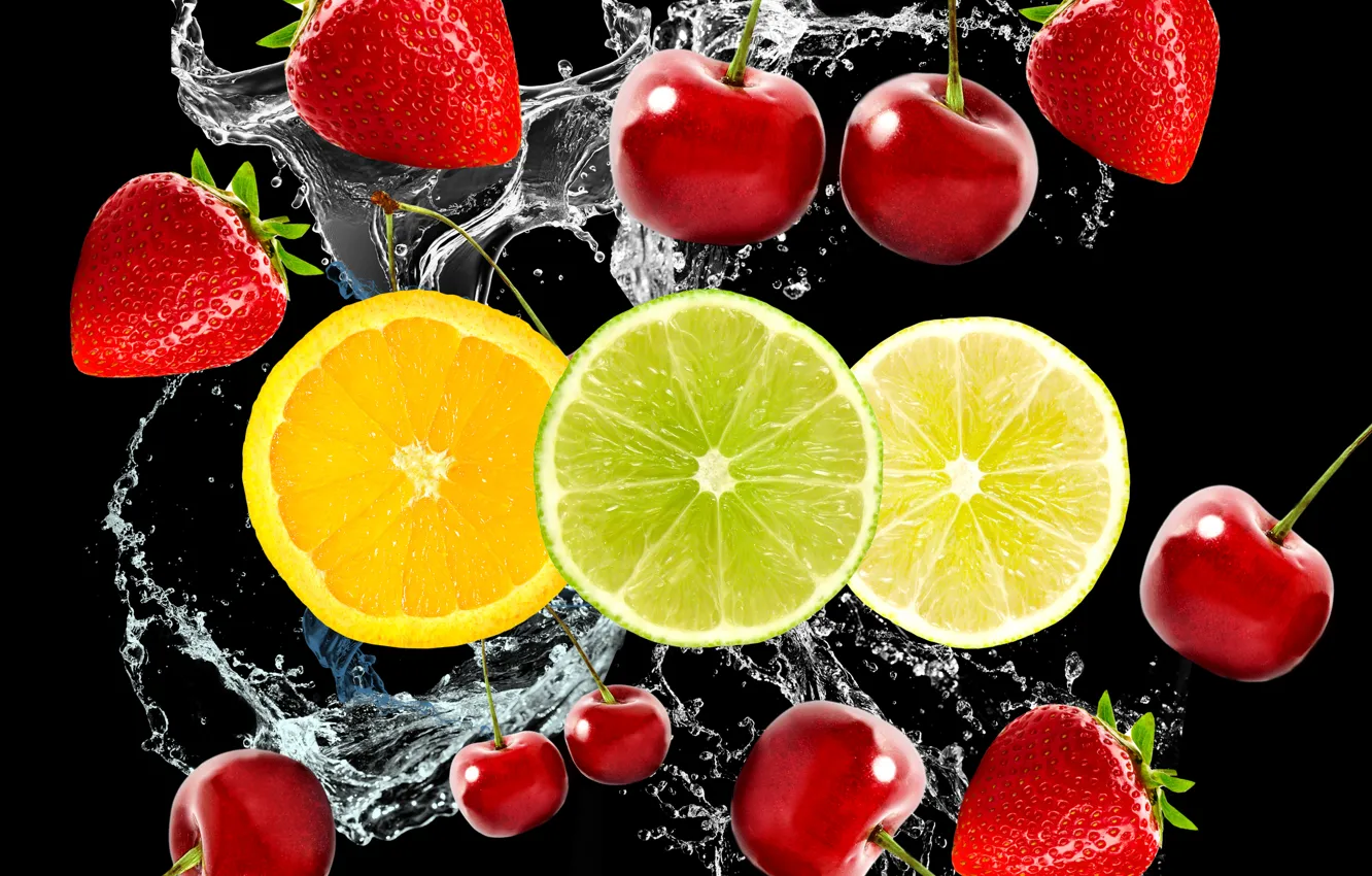 Photo wallpaper water, cherry, berries, strawberry, fruit, citrus, black background, cherry