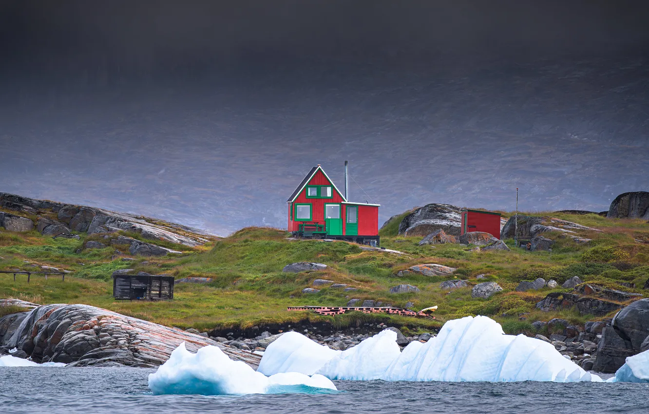 Photo wallpaper ice, winter, sea, mountains, red, stones, rocks, hills