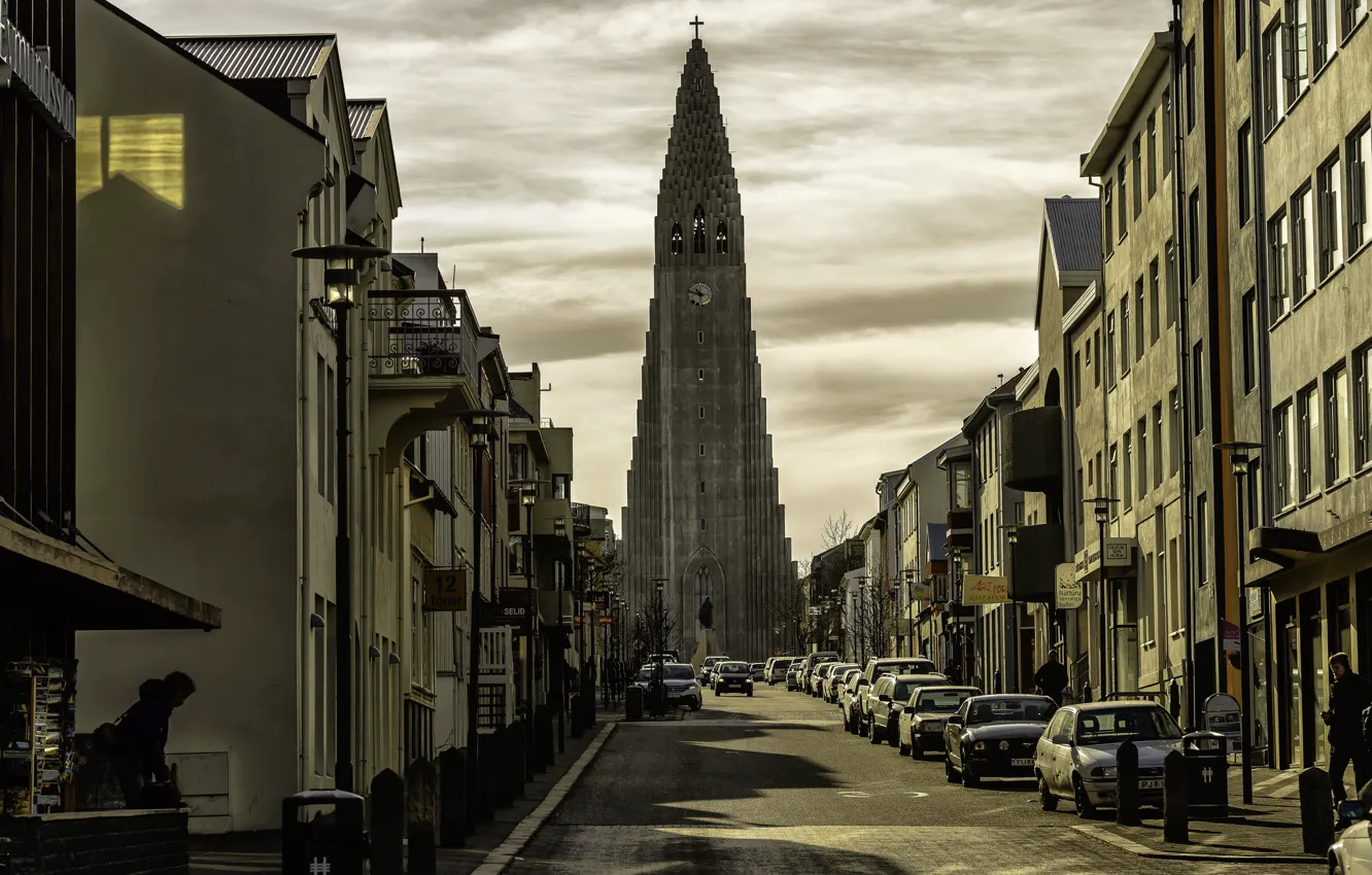 Photo wallpaper auto, machine, street, building, Church, Iceland, Iceland, Reykjavik