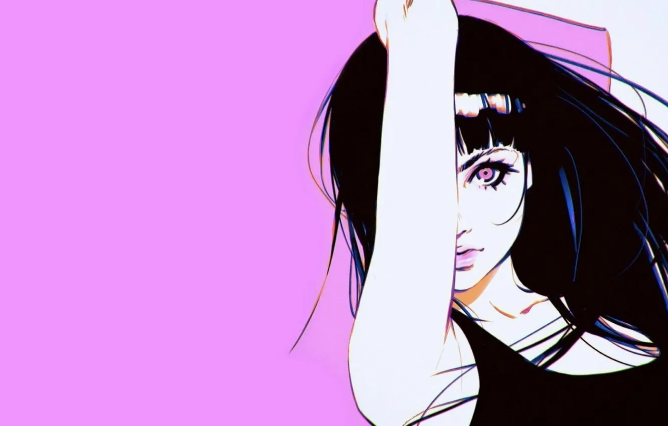 Photo wallpaper black hair, pink background, bangs, portrait of a girl, hands up, Ilya Kuvshinov