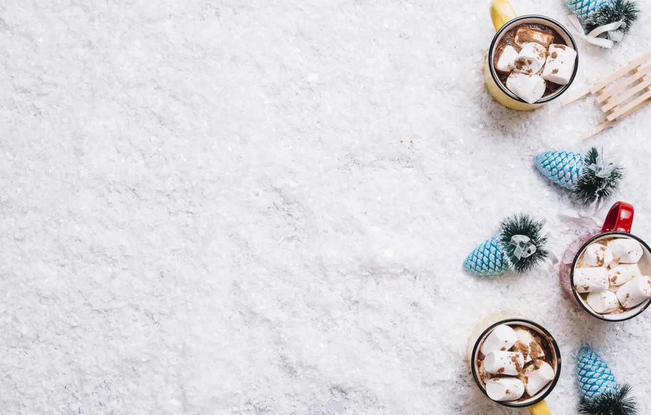 Photo wallpaper snow, new year, Christmas, decor, cocoa, marshmallows