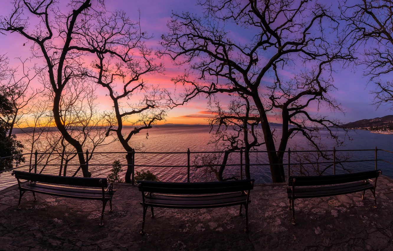 Photo wallpaper sea, sunset, shore, bench