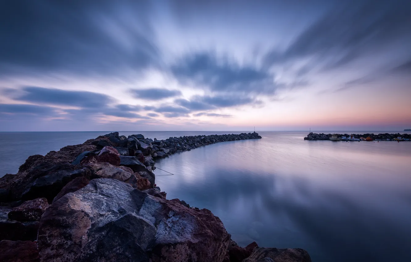 Photo wallpaper sea, the sky, clouds, stones, the evening, dam