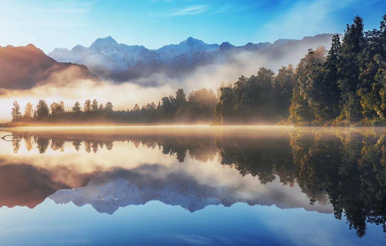 Photo wallpaper forest, the sky, clouds, trees, landscape, mountains, nature, fog