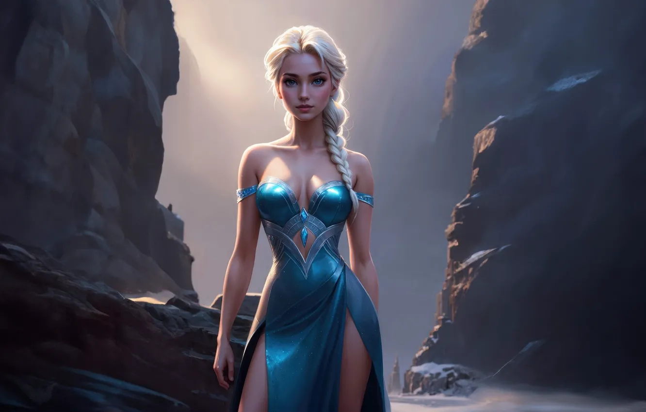 Photo wallpaper rocks, blonde, braid, beautiful girl, bokeh, digital art, blue dress, digital art