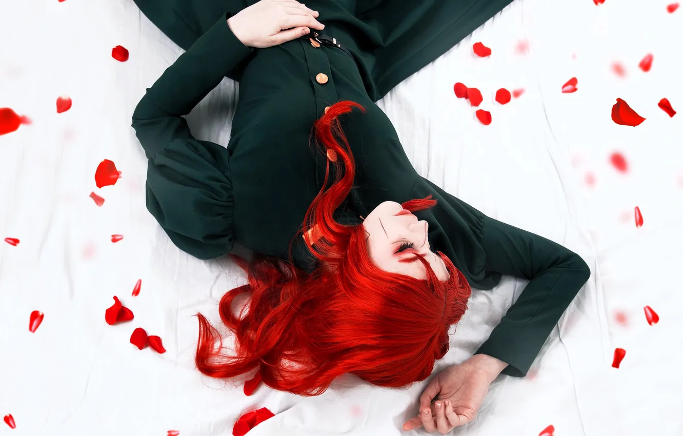 Photo wallpaper petals, dress, outfit, image, cosplay, red hair, Tenletters