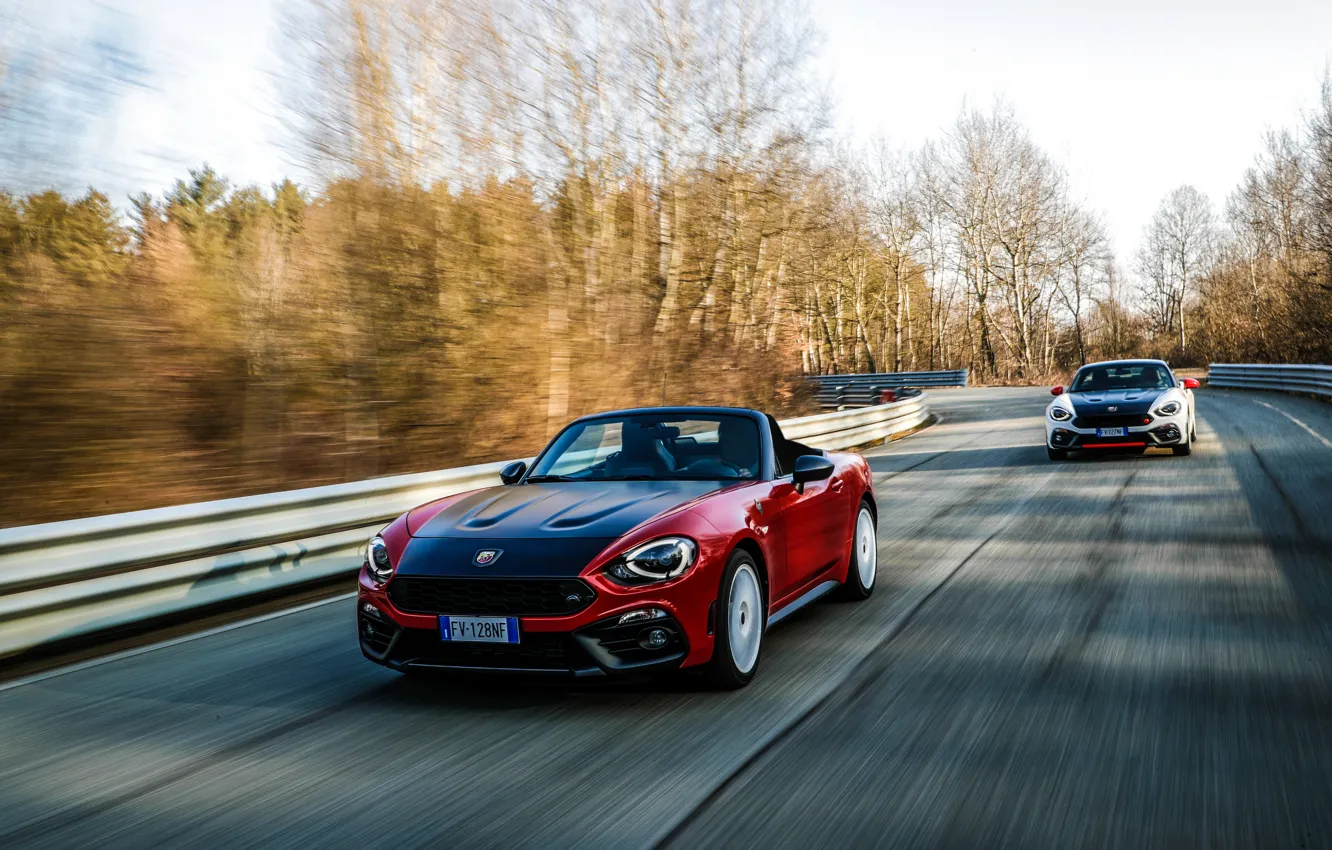 Photo wallpaper road, movement, Roadster, spider, black and white, Abarth, black and red, 124 Spider