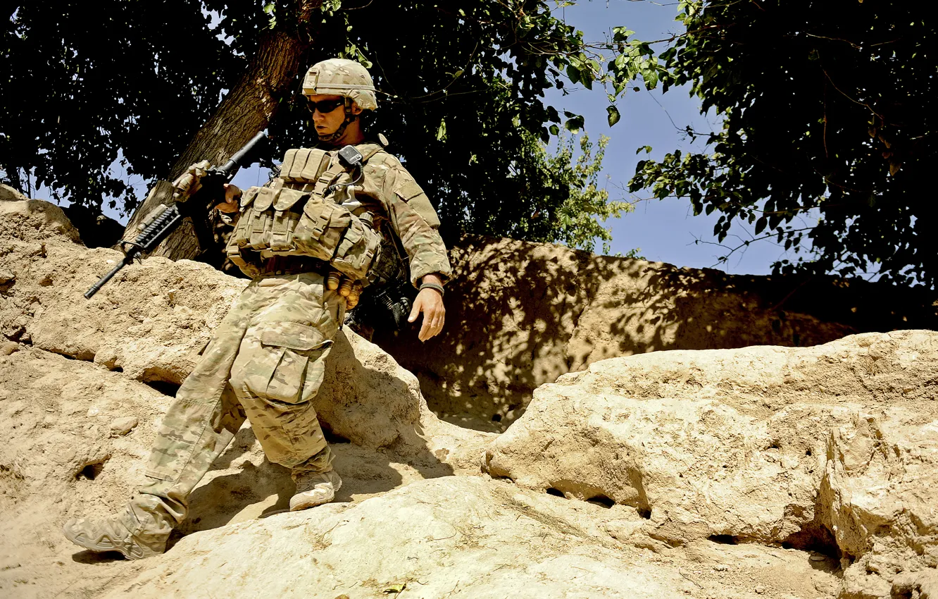 Photo wallpaper mountains, weapons, soldiers, equipment, Afghanistan, U.S., stones.trees
