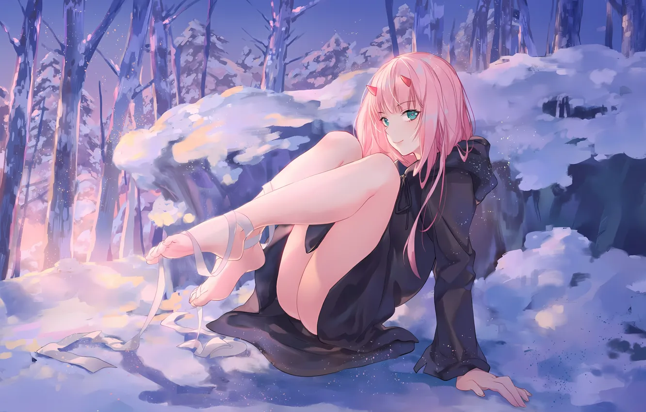 Photo wallpaper girl, sexy, ass, pink hair, horns, long hair, legs, trees