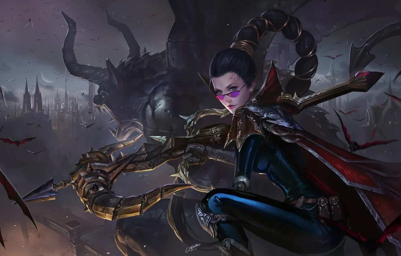 Photo wallpaper girl, castle, monster, art, glasses, bats, League of Legends, crossbow