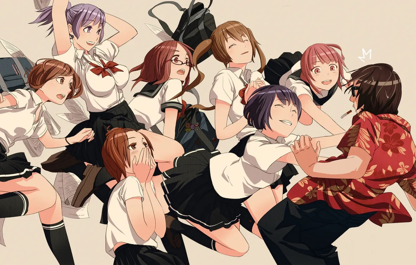 Photo wallpaper leaves, girl, anime, art, glasses, cigarette, phone, form