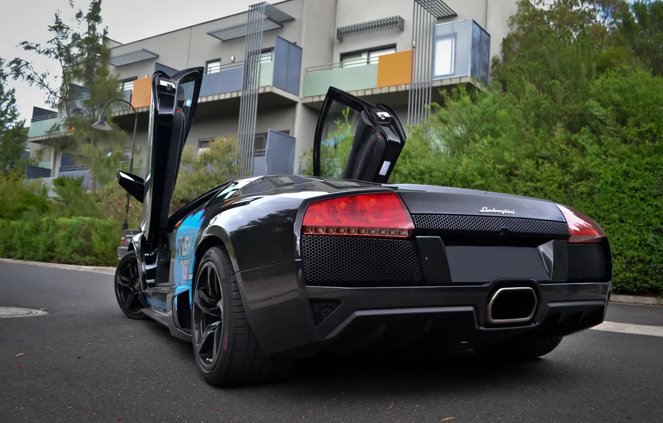 Photo wallpaper asphalt, black, building, Lamborghini, balcony, black, murcielago, Luke