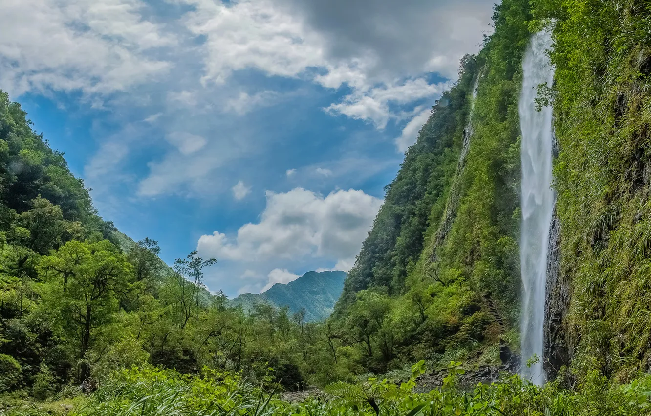 Photo wallpaper the sky, clouds, trees, landscape, mountains, waterfall