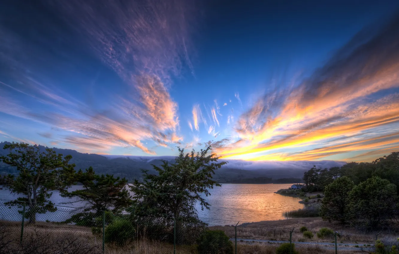 Photo wallpaper landscape, sunset, river, the fence