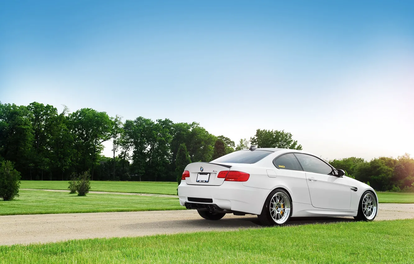 Photo wallpaper white, the sky, trees, lawn, bmw, BMW, track, white