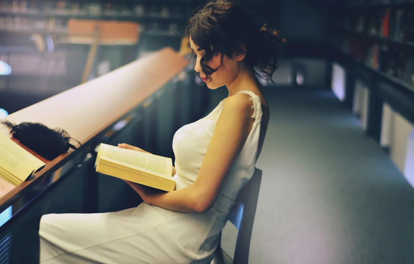 Photo wallpaper girl, book, reading, reading room hut, Ece Deniz