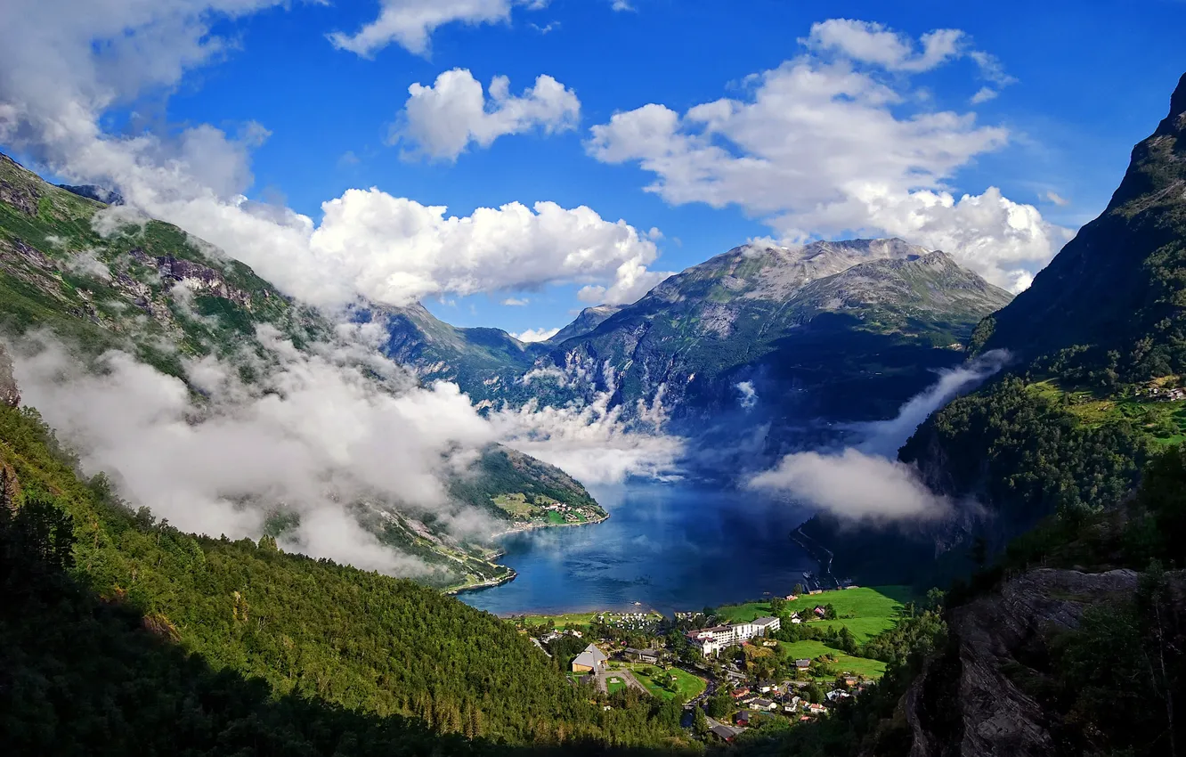 Photo wallpaper clouds, mountains, village, Norway, panorama, Norway, the fjord, As og County of møre og Romsdal