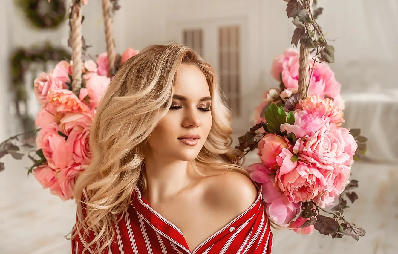 Photo wallpaper girl, flowers, makeup, blonde, shoulder, A Diakov George