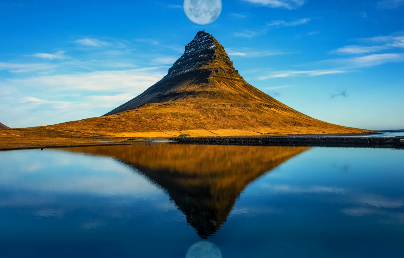 Photo wallpaper reflection, the moon, mountain, Iceland